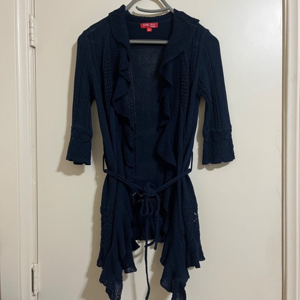 DISLAY Paris Womens‎ Ruffle Duster Cardigan M/L Navy Boho Pointelle Romantic Tie